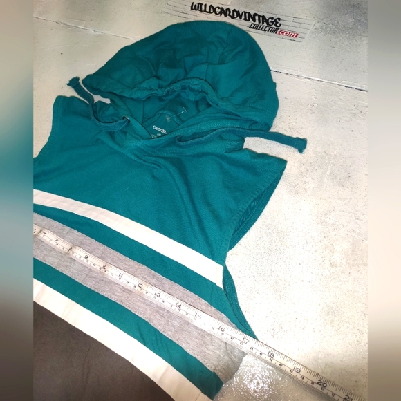 Sleeveless Teal Grey White Hoodie striped size small - Picture 3 of 6